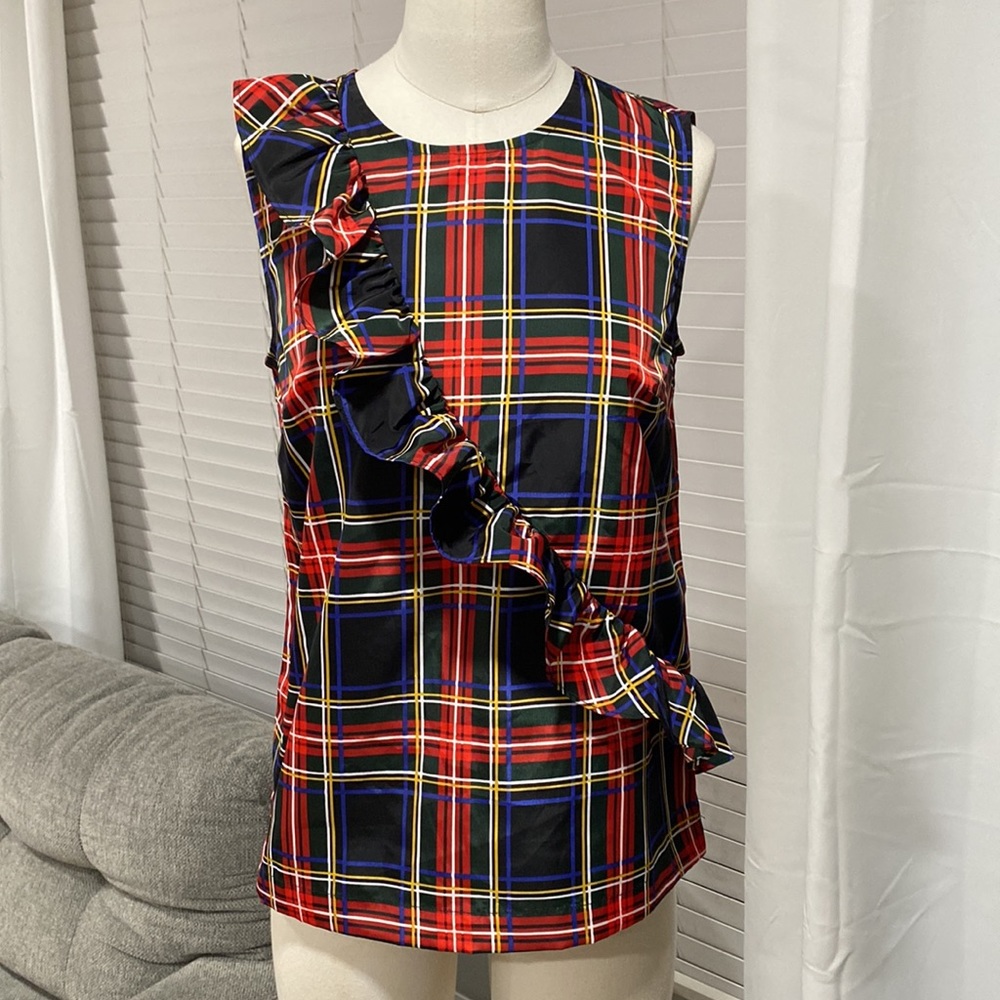 NWT Christmas Holiday Tartan Plaid Ruffle Sleeveless Top